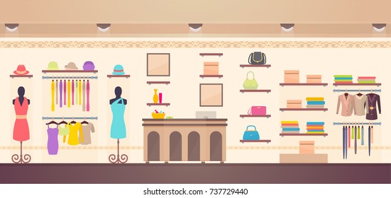 Women's clothes store with variety of dresses, jackets or hats, accessories and bags. Vector illustration of shopping room with cashbox in center