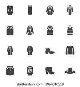 Women's Clothes vector icons set, clothing modern solid symbol collection, filled style pictogram pack. Signs, logo illustration. Set includes icons as jacket, dress, coat, boot shoe, skirt, hat