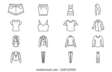 Womens Clothes Vector Icons Set Line Black EPS 10. Womens Wear Illustration..... Flat Outline Sign.. Shop Online Concept. Females Item Of Clothing.... Apparel Store Symbol. Isolated On White