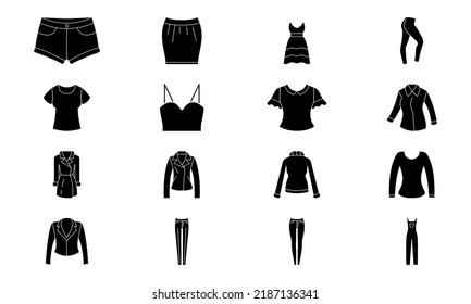 Womens Clothes Vector Icons Set Line Black EPS 10. Womens Wear Illustration..... Flat Outline Sign.. Shop Online Concept. Females Item Of Clothing.... Apparel Store Symbol. Isolated On White