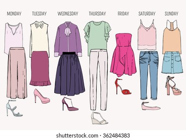 Women's clothes for a week. Dresses, skirts, tops, blouses, trousers, jeans and shoes
