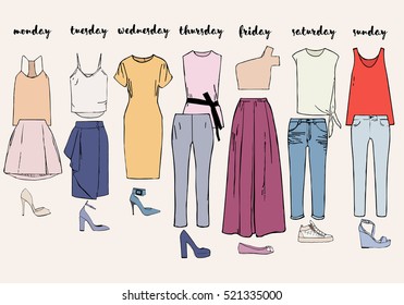 Women's clothes for a week. Dresses, skirts, tops, blouses, trousers, jeans, bags and shoes