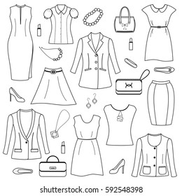 Women's clothing and accessories. Doodle set isolated on white background.Vector illustration.