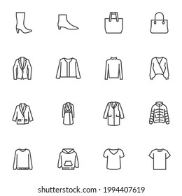 Women's clothing and accessories line icons set, outline vector symbol collection, linear style pictogram pack. Signs, logo illustration. Set includes icons as lady bag, boot shoe, dress, coat, jacket