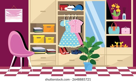 Women's clothing and accessories in the room. Vector illustration in flat style