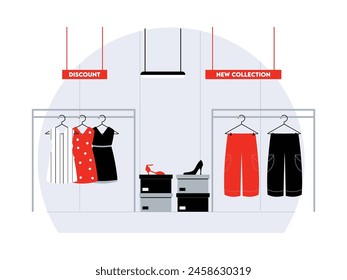 Women's clothing and accessories of various models, supermarket vector illustration.