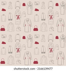 Women's clothing, bags and accessories, line drawing, seamless pattern