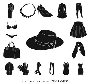 Women's Clothing black icons in set collection for design.Clothing Varieties and Accessories vector symbol stock web illustration.