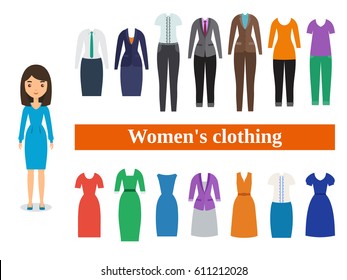 Women's clothing. Business and casual clothes for women. Female character in flat design. Set garment. Vector illustration