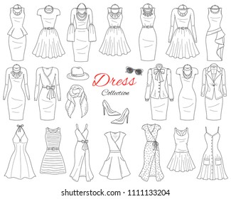 Women's clothing collection. Casual, classy, business and summer beach dresses, with accessories, hand drawn vector illustration, isolated on white background.