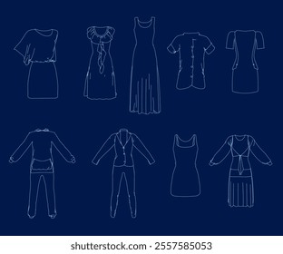 Women's clothing collection outline from blue lines. Vector illustration