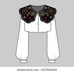 women's clothing design vector with satin stitch colourful flower. floral embroidery collar shirt. eyelet decorative ornament cotton collar lace detail.