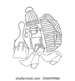 Women's clothing. Fashionable set. Sketch art. Isolated vector object on white background. Cartoon print. Jacket, long sleeve, knitted hat, jeans, handbag, high heeled shoes, sunglasses. 