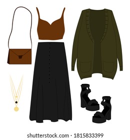 Women's clothing, footwear and accessories. Layout of objects. A set of icons, stickers. Minimalism. Contemporary casual style. Flat isolated vector illustration.