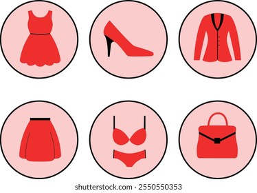 Iconos de la ropa de las mujeres en un fondo rosado: zapatos, vestido, chaqueta, bolso, ropa interior, falda