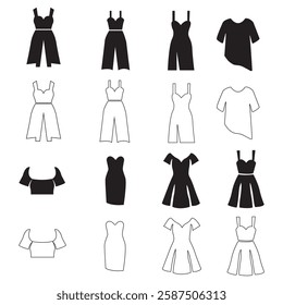 Women's Clothing Icons Set - Dress, Top, Jumpsuit, Fashion, Silhouette