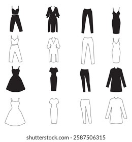 Women's Clothing Icons Set - Dress, Top, Jumpsuit, Fashion, Silhouette