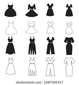 Women's Clothing Icons Set - Dress, Top, Jumpsuit, Fashion, Silhouette