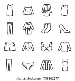 Women's clothing icons set, thin line design. Line with editable stroke