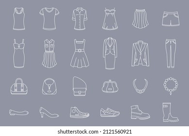Women's clothing Icons set - Vector outline symbols of dress, shoes, skirt, jeans, jacket and accessories for the site or interface