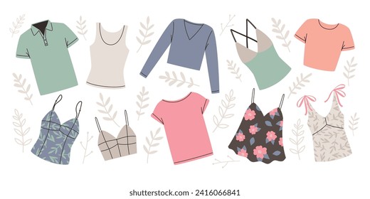 Womens clothing includes tops, t-shirts and tank tops. Vector of fashion apparel template illustration