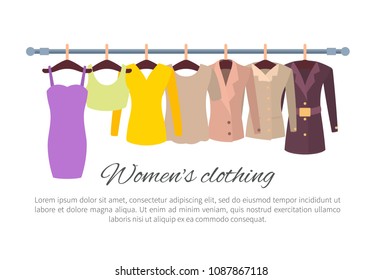 Womens Clothing Leaflet Fashionable Apparel Dress Blouse Jackets, Summer Coats Vector Illustration Poster With Text And Clothes On Racks Promo Banner