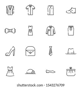 Women's clothing line icons set. linear style symbols collection, outline signs pack. vector graphics. Set includes icons as dress, skirt, retro hat, shoes, jacket, ladies handbag, necktie, purse