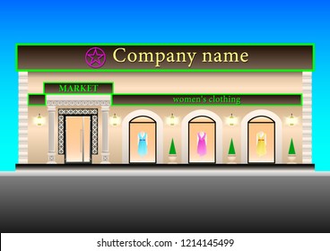 Womens Clothing Market. The exterior modern design of the store. The realistic facade of the building. Vector Illustration
