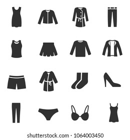 Women's clothing, monochrome icons set. , simple symbols collection