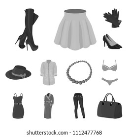 Women's Clothing monochrome icons in set collection for design.Clothing Varieties and Accessories vector symbol stock web illustration.