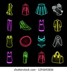 Women's Clothing neon icons in set collection for design.Clothing Varieties and Accessories vector symbol stock web illustration.