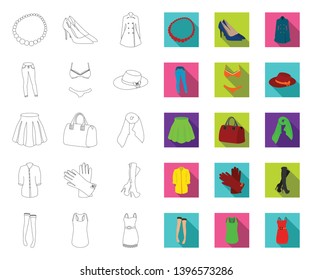 Women's Clothing outline,flat icons in set collection  design.Clothing Varieties and Accessories vector symbol stock web illustration.