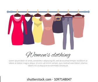 Womens Clothing Poster Fashionable Apparel Dresses Skirts Stylish Trousers Vector Illustration Banner With Text And Clothes On Racks Promo Advert