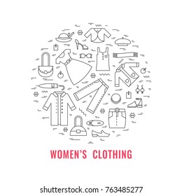 Women's clothing poster. Template for flyer and banner.
 Poster for big sale, shops, fashion show, sewing studio, advertising. Vector line style illustration.