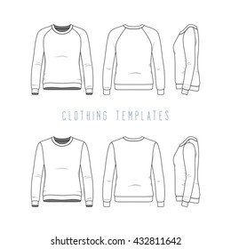 Women's clothing set of basic sweatshirt and raglan sweater. Fashion illustration of sports uniform. Blank vector templates in front, back, side views. Isolated on white background.