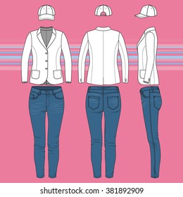 Women's clothing set. Blank template of classic blazer, jeans and cap in front, back and side views. Casual style. Vector illustration on the striped background for your fashion design. 