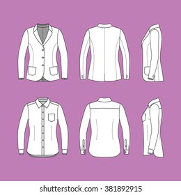 Women's clothing set. Blank template of classic blazer and shirt in front, back and side views. Business style. Vector illustration on the pink background for your fashion design. 