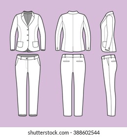 Women's clothing set. Blank template of classic blazer and pants in front, back and side views. Casual style. Workwear suit. Vector illustration for your fashion design. 