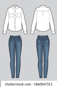 Women's clothing set of blouse and blue skinny jeans. Vector templates in front, back views for fashion design.