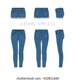 Women's clothing set of blue jeans and denim shorts. Vector templates in front, back, side views for fashion design in urban style. Isolated on white background.