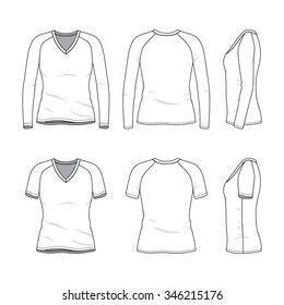 Women's clothing set. Front, back and side views of blank v-neck t-shirt and tee. Casual style. Vector templates for your fashion design. Isolated on white.