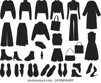 women's clothing set silhouette on white background, vector