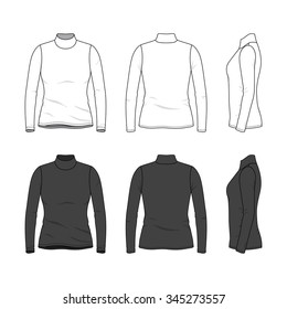 Women's clothing set in white and black colors. Front, back and side views of blank tee. Casual style. Vector templates for your fashion design. Isolated on white.