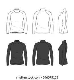 Women's clothing set in white and black colors. Front, back and side views of blank tee with raglan sleeve. Casual style. Vector illustration for your fashion design. 