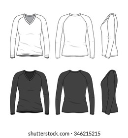 Women's clothing set in white and black colors. Front, back and side views of blank v-neck tee with raglan sleeve. Casual style. Vector templates for your fashion design. Isolated on white.