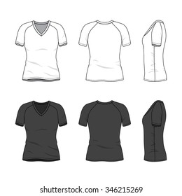 Women's clothing set in white and black colors. Front, back and side views of blank v-neck t-shirt with raglan sleeve. Casual style. Vector templates for your fashion design. Isolated on white.