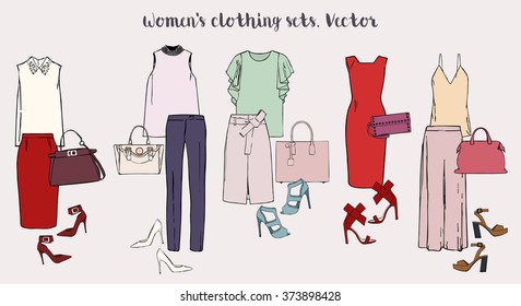 Women's clothing sets. Dresses, skirts, tops, blouses, trousers, handbags and shoes