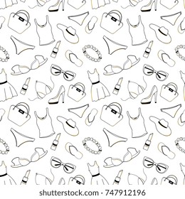 Womens clothing, shoes, underwear and accessories seamless pattern. Design for Voucher, Discount, Sale to Black Friday