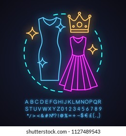 Women's clothing store neon light concept icon. Fashion presentation idea. Dress code. Formal wear. Glowing sign with alphabet, numbers and symbols. Vector isolated illustration