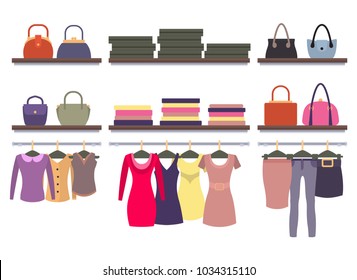 Womens clothing store shop window with clothes hanging on hangers on racks, bags and packages vector illustration of dress, blouses and t-shirts